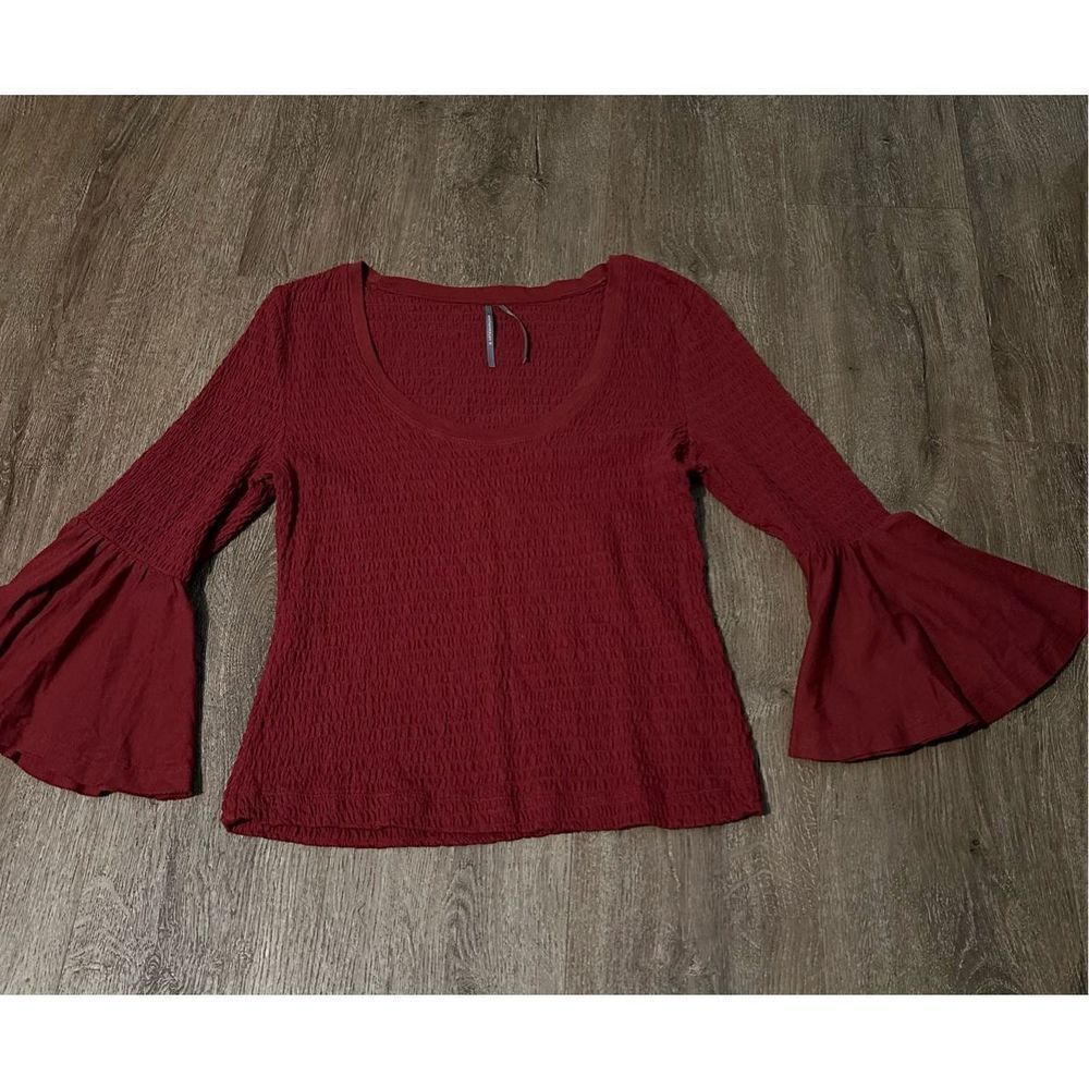 Anthropologie Womens Smocked Bell Sleeve Top Shirt Blouse Wine Red Burgundy Sz M